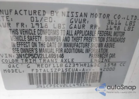 2020 Nissan Kicks Sv Xtronic Cvt z USA, uszkodzony, nr VIN 3N1CP5CV2LL495146